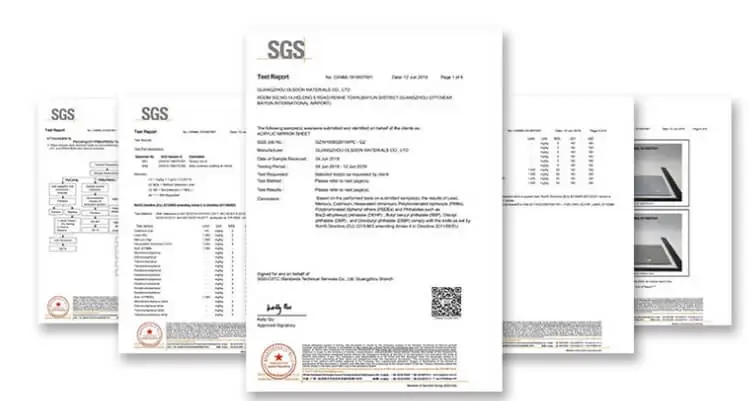 Certification SGS pour le matériau acrylique